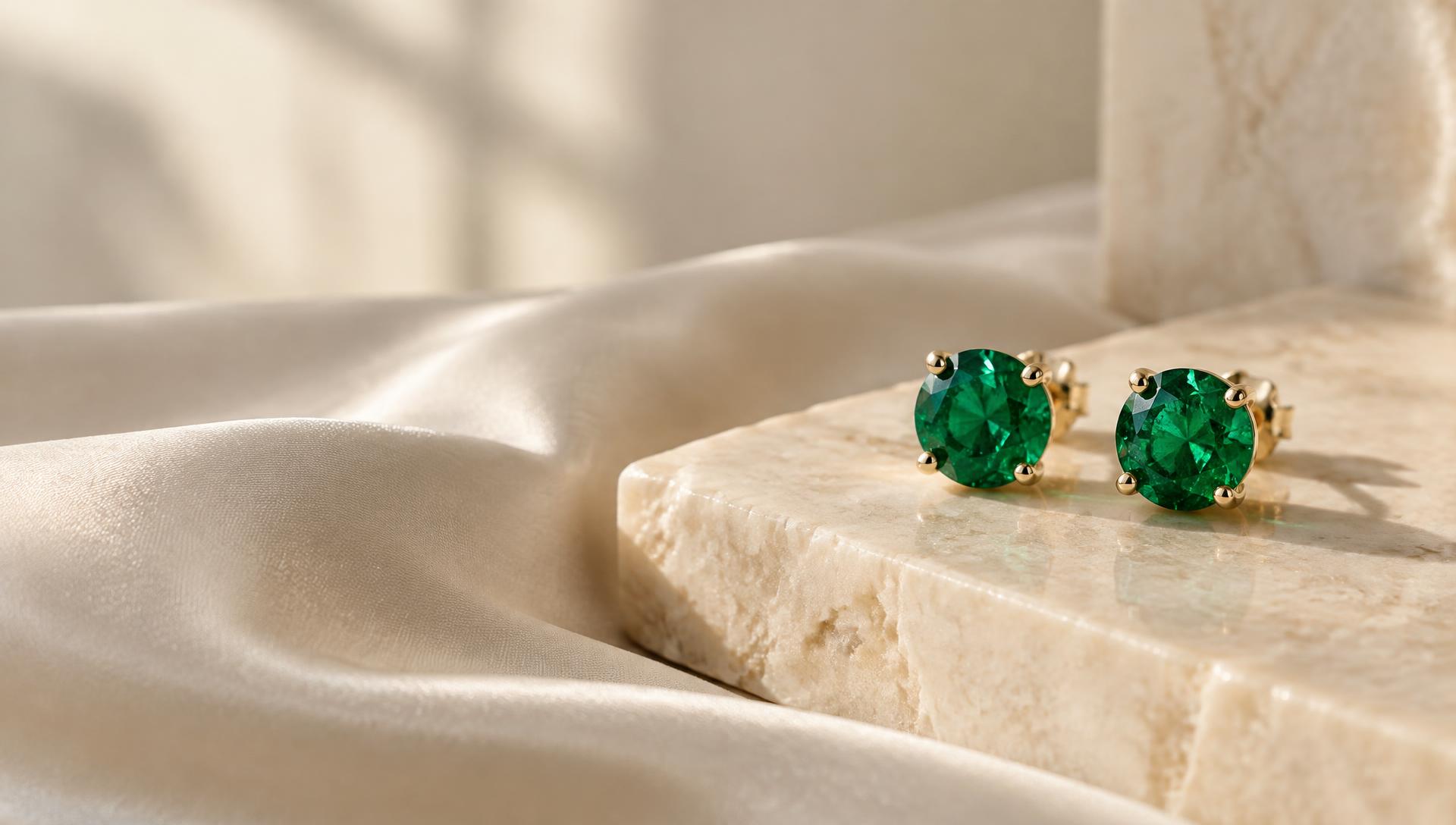 Round Colombian emerald studs in yellow gold on ivory silk